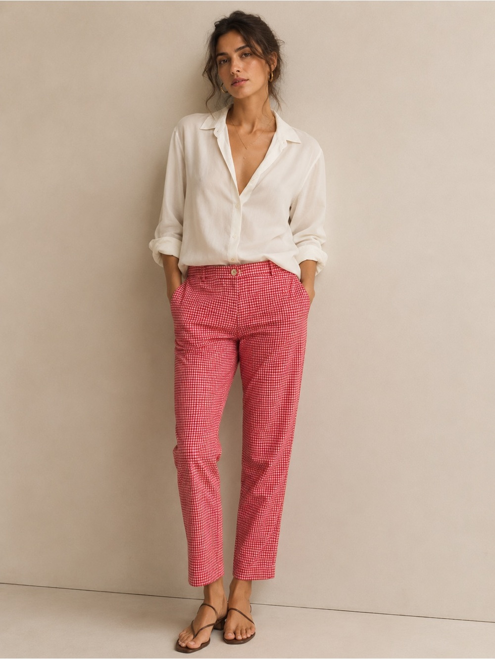 Boden Red & White Gingham Slim Ankle Cropped Trousers Preppy Pants Size 14L
